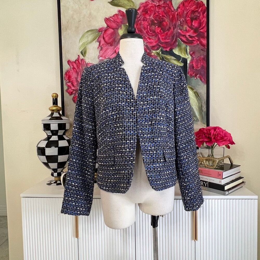 Calvin Klein Women's Tweed Lined Long Sleeve Blazer Jacket Blue Black Size 8